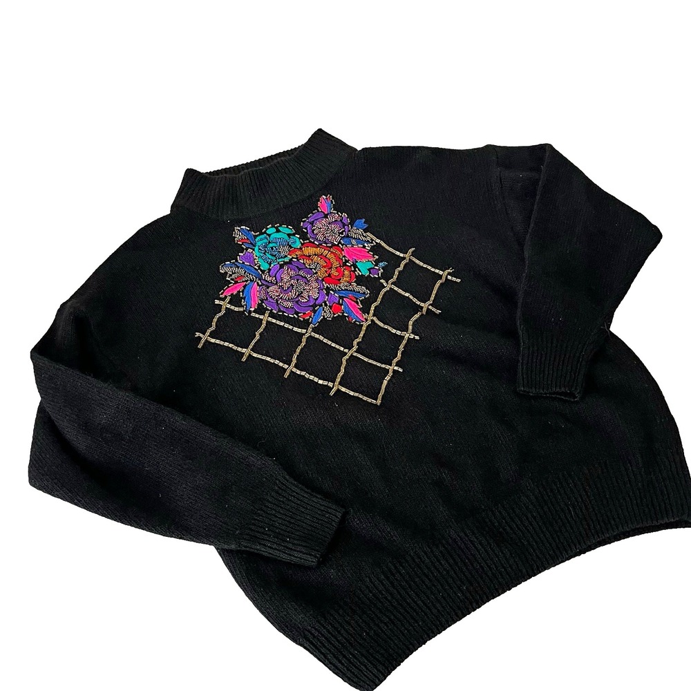 VTG 80s black mock neck sweater beaded SILK floral L rabbit hair